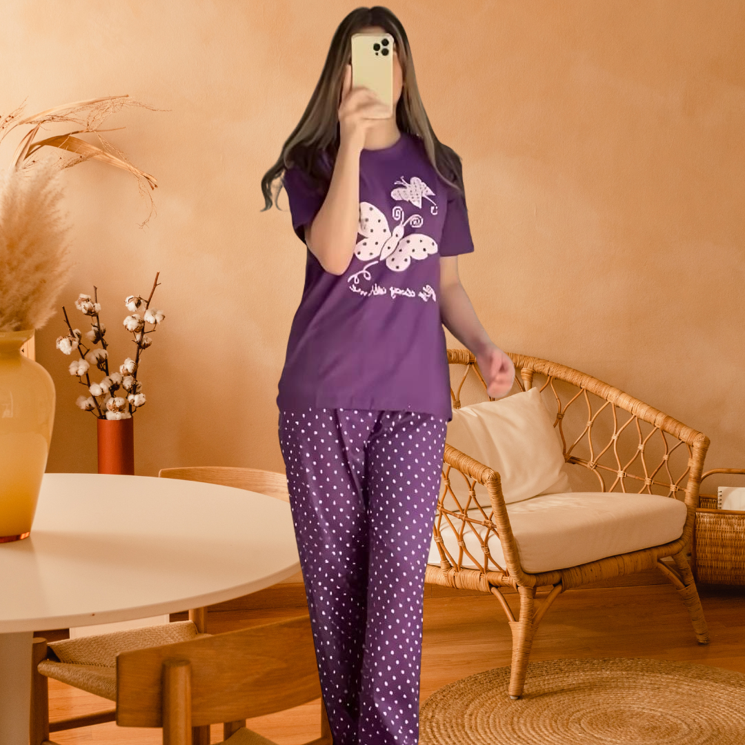 Comfortable 2Pcs Stitched Cotton Jersey Night Suit
